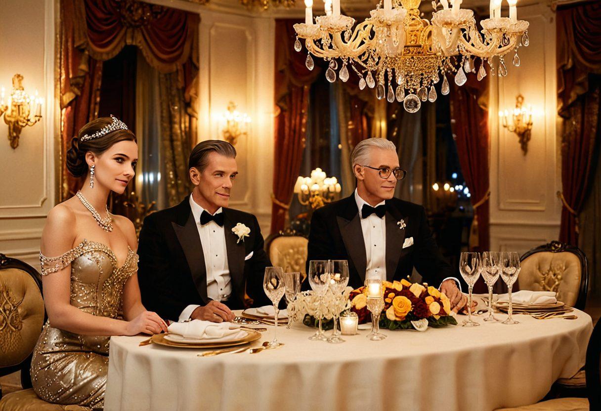 A lavish setting featuring a confident sugar daddy and an elegant sugar baby sitting at a luxurious dining table, surrounded by opulent decor, with stacks of money and elegant jewelry subtly placed around them. The atmosphere should convey wealth and sophistication, highlighting the dynamics of financial dating. Soft ambient lighting creates a romantic vibe. Capture this scene in a super-realistic style with vibrant colors.