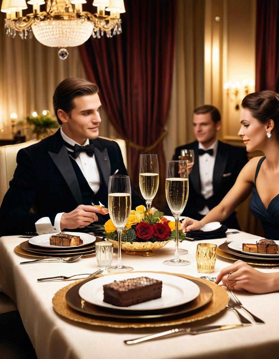 A luxurious dinner setting with an elegant table adorned with fine dining utensils, sparkling champagne glasses, and a rich, delicious dessert. In the background, a silhouette of a stylish couple engaging in conversation, exuding charm and sophistication. Subtle hints of wealth, like a designer handbag and gourmet meal, should be present. Soft, warm lighting creates an inviting atmosphere. super-realistic. vibrant colors. elegant style.