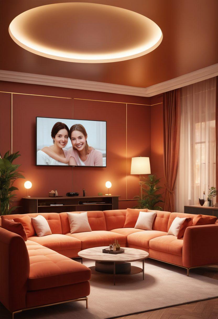 A warm, inviting digital lounge featuring diverse individuals engaging online, illuminated by soft ambient lighting. Include elements of luxury such as elegant furniture, tasteful decor, and virtual connection symbols (like hearts and chat bubbles). Showcase a sense of intimacy and connection through friendly smiles and shared moments on screens. super-realistic. warm tones. cozy atmosphere.